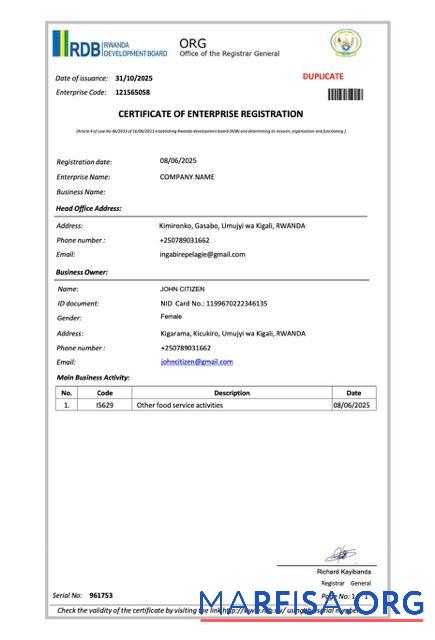 Downloadable Rwanda certificate of enterprise registration Word and PDF template, version 2